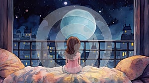 A baby girl with brown hair in bed watching a huge full moon that fills the entire view through the window. Generative AI