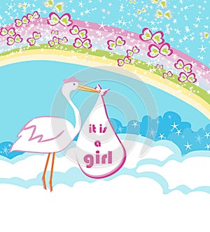 Baby girl Card - A stork delivering a baby girl