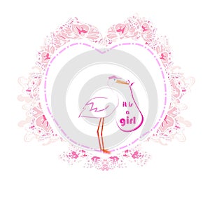 Baby girl Card - A stork delivering a baby girl
