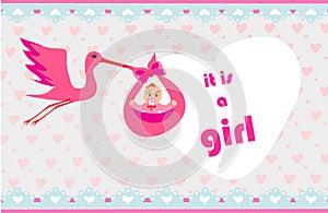 Baby girl Card - A stork delivering a cute baby girl