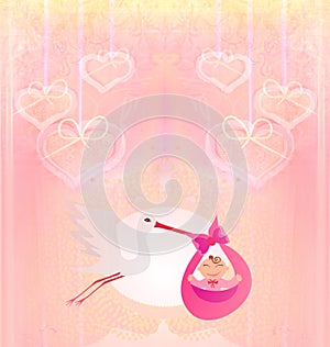 Baby girl Card - A stork delivering a cute baby girl.