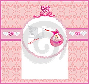 Baby girl Card - A stork delivering a cute baby girl.