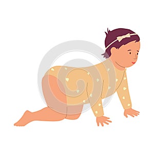 Baby girl. Cartoon flat style isolated on white background illustration. Female baby in beige clothes, happy infant
