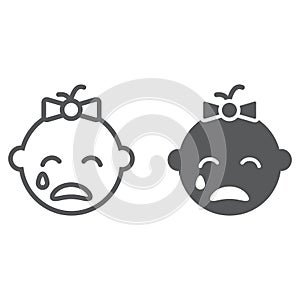 Baby girl cry line and glyph icon, emotion and child, face sign, vector graphics, a linear pattern
