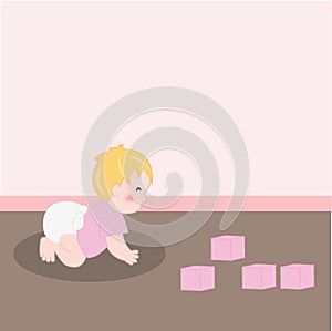 Baby girl with diaper crawling