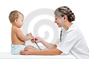 Baby girl and doctor on white background
