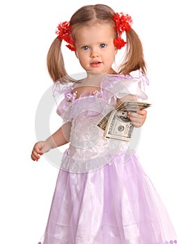 Baby girl with dollar banknote.