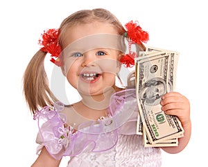 Baby girl with dollar banknote.