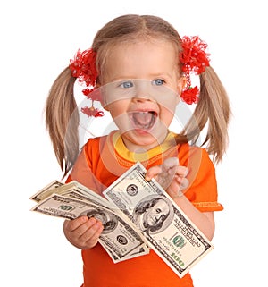 Baby girl with dollar banknote.