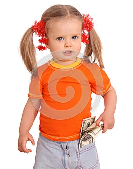 Baby girl with dollar banknote.