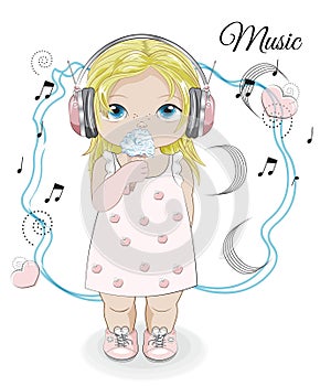 Baby girl in earphones with ice cream