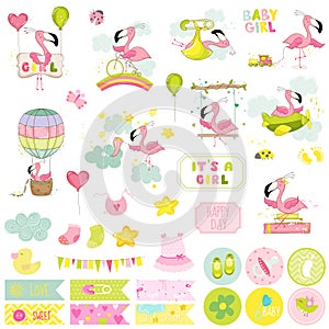 Baby Girl Flamingo Scrapbook Set. Decorative elements