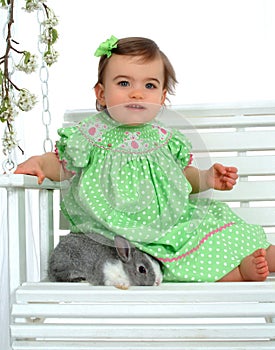 Baby Girl in Green and Bunny
