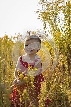 Baby girl have fun in the meadow, running barefoot on the grass