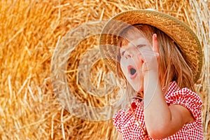 A Baby girl on a haystack happy on the field. Background with children a joyful childhood