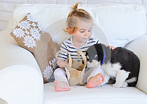 Baby girl with Husky puppy