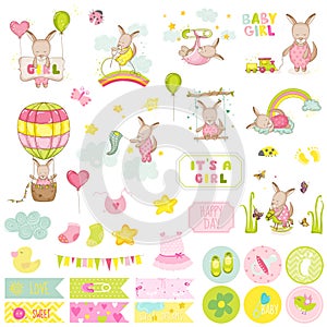 Baby Girl Kangaroo Scrapbook Set. Scrapbooking, Decorative Elements, Tags, Labels, Stickers, Notes