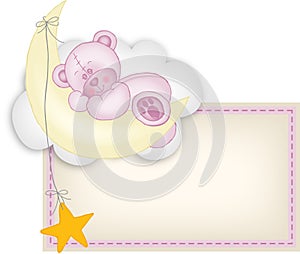 Baby girl label teddy bear sleeping on a moon