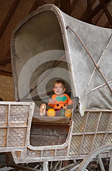 Baby girl laughing and playing in autumn