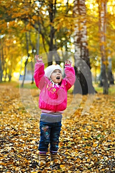 Baby girl laughing and playing in the autumn