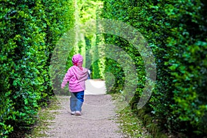 Baby girl left alone newborn walking child alone among the hedge