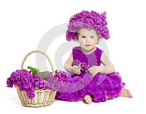 Baby Girl with Lilac Flowers, Child Fashion Portrait on White