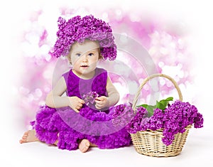 Baby Girl Lilac Flowers, Little Kid in Flower, Child Bouquet photo