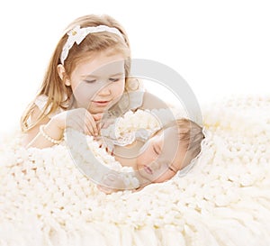 Baby Girl and Newborn Boy, Sister Little Child and Sleeping Brother New Born Kid, Birthday in Family