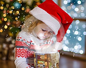 Baby girl opening a magic gift box