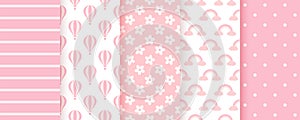 Baby girl pastel patterns. Pink seamless backgrounds. Vector illustration