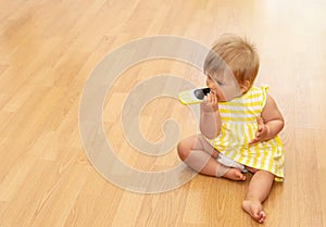 Baby Girl. Phone. Yellow Dress. Cute 3