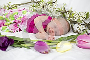 Baby girl in pink inside of basket with spring flowers.