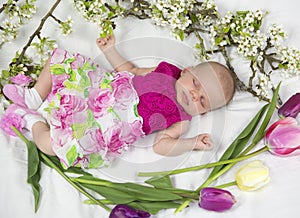 Baby girl in pink inside of basket with spring flowers.