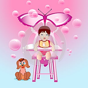 Baby girl in the pink world of happy childhood