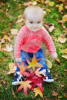 Baby girl playing with colorful autumn leaves outdoors photo