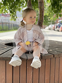 baby girl portrait sitting on the bench in