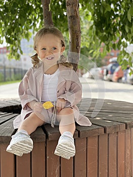 baby girl portrait sitting on the bench in
