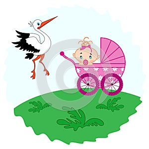 Baby girl in a pram and stork beside her