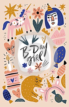 Baby girl princess Birthday party decor set, scandinavian collage design, cartoon childish style. Characters and celebrate phrase