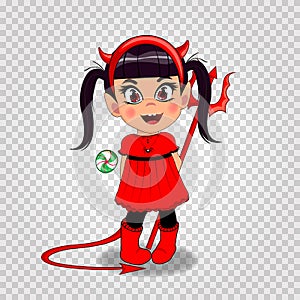 Baby girl in red devil imp costume holding lollipop and trident on transparent background.