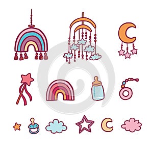 Baby girl room interior ornament items color icons set