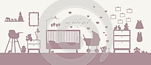 Baby girl room interior pink silhouette