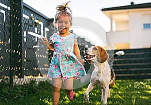 Baby girl running with beagle dog in backyard in summer day. Domestic animal with children concept