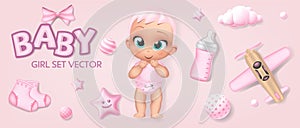 Baby girl set. Cartoon doll isolated on pink ribbon bow feeding bottle, booties, toy airplane cloud vector