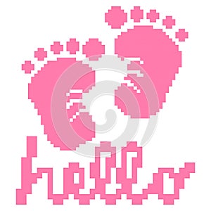 Baby girl shower card. Arrival card with text. Pixel Vector