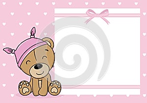 Baby girl shower card. Bear with a nightcap