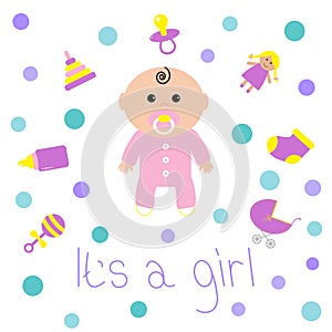 Baby girl shower card Bottle, horse, rattle, pacifier, sock, doll, baby carriage, pyramid toy. Its a girl. White background
