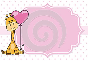 Baby girl shower card.Giraffe with balloon