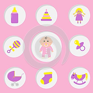Baby girl shower card. Its a girl. Bottle, horse, rattle, pacifier, sock, doll, baby carriage pyramid toy. Pink background Flat