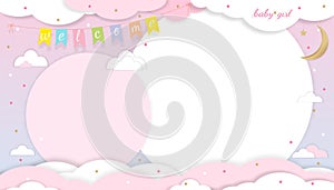 Baby Girl shower card on Pink background,Paper art abstract origami cloudscape, crescent moon and stars on Pink sky,Vector